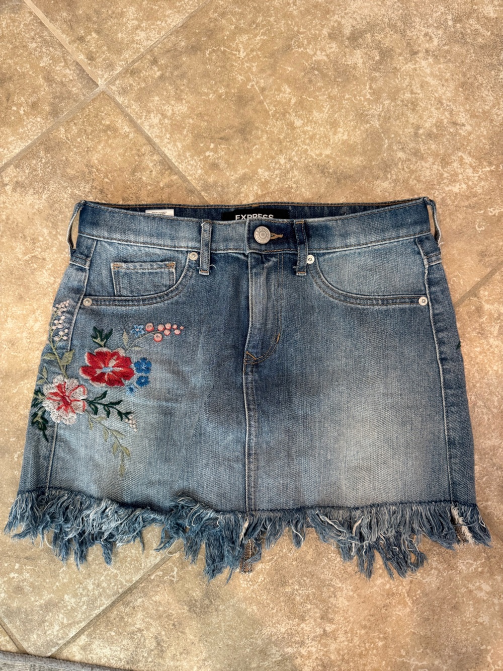 Express Blue Denim Mini Skirt with Pink Floral Embroidery